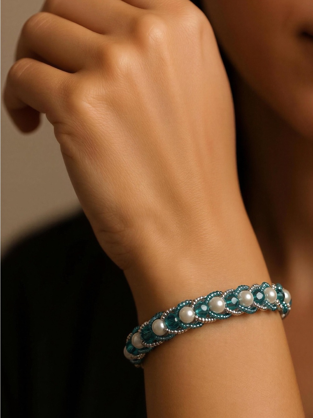 Teal Pearl Beaded Bracelet for Women - Elegant Teal and White Accent